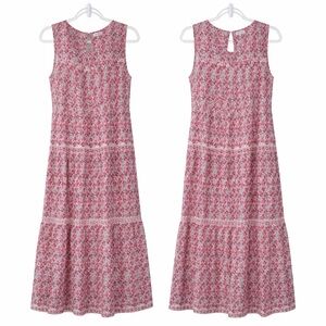 Max Studio Red Floral Sleeveless Maxi Dress Tiered Skirt Size M Cottagecore Boho